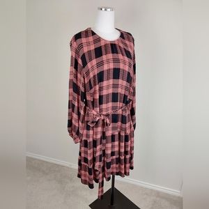 Cloth And Stone Anthropologie Long Sleeve Belted Mini Dress Plaid Pink Black
